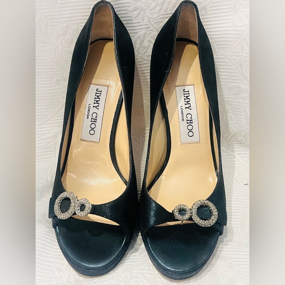 Jimmy Choo Forest Green-Satin Open-Toed Pumps Sz 6.5 US Crystal Embellishment